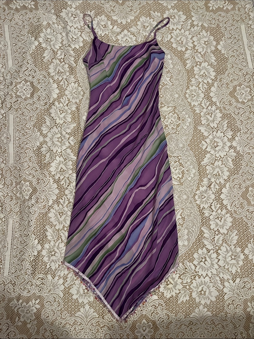 My Michelle Y2K Abstract Asymmetric Stripes Midi Dress, Purple & Green, Size S/M - Picture 4 of 6